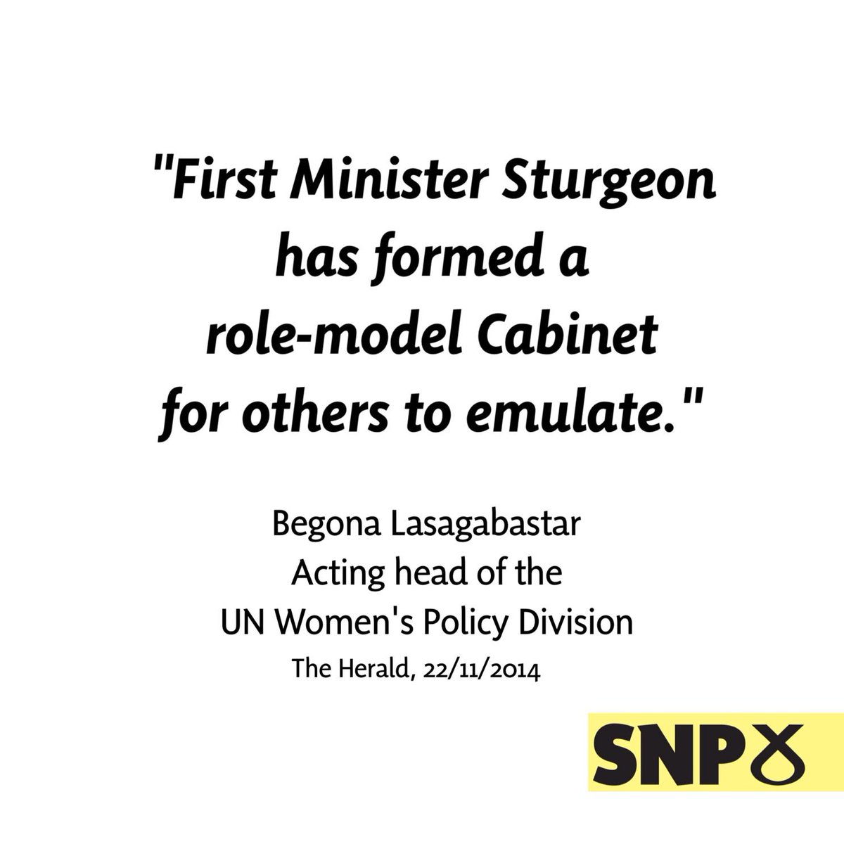 theSNP's tweet photo. Scotland's groundbreaking 50-50 Cabinet is a "role model" according to the UN. http://t.co/YX1NhB63a7