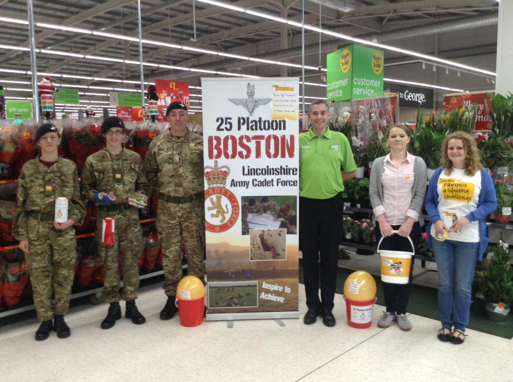 25 Platoon Boston are at Asda in Boston bag packing for Cystic Fibrosis. Keep up the good work