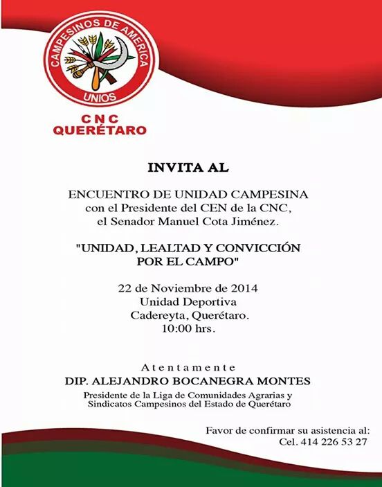 urquizaric's tweet photo. #LiderazgoCNC No faltes! Encuentro de Unidad Campesina  @BocanegraAlex @ManuelCota @PRIMxQueretaro @CibernautCNCQro http://t.co/OXeC415uHZ