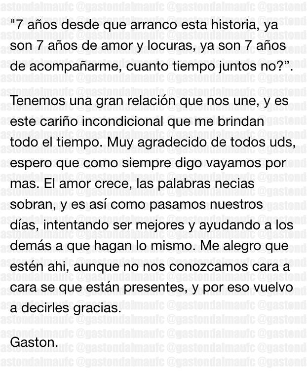 GastonDalmauFc's tweet photo. Lindas palabras de @gastondalmauok para uds! Gracias a todos por bancar durante estos 7 años GDI.. Vamos por mas! http://t.co/iJMlyuw2iz