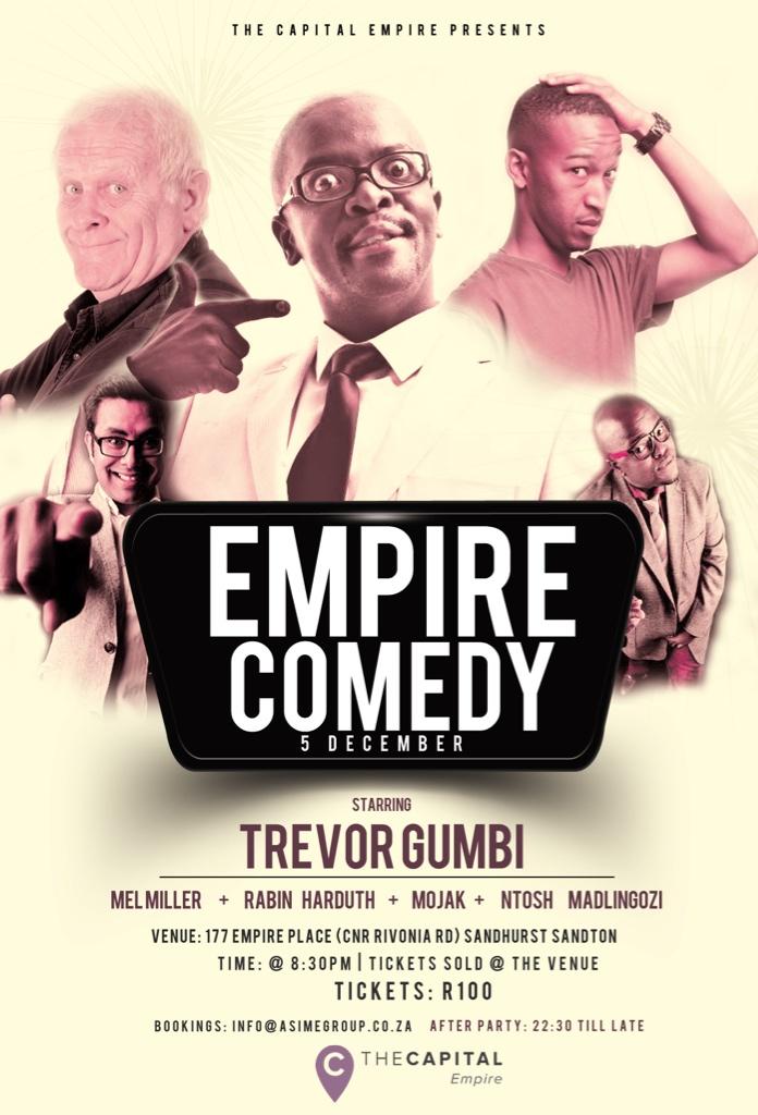 AsimeGroup's tweet photo. @UJObserver #EmpireComedy 5 Dec Empire Hotel R100 @door table bookings : info@asimegroup.co.za @ComicalTshepo http://t.co/Yo9N8DlUNT
