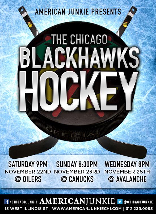 Come to American Junkie and watch the <a href="/NHLBlackhawks/">Chicago Blackhawks</a> take down the Oilers at 9 pm!