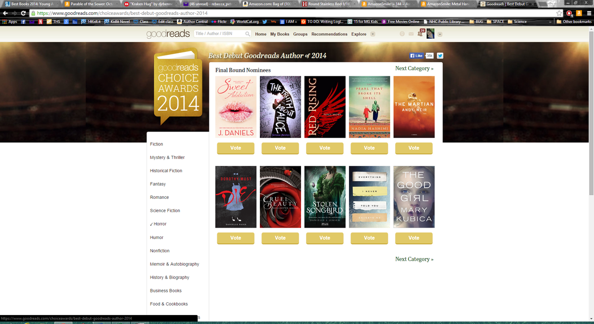 RebeccaPetruck's tweet photo. Check out all the @OneFourKidLit debs in the @goodreads final round! @jenmathieu @rosamundhodge @dljensen_ #huzzahs! http://t.co/ftR8J4K1BV