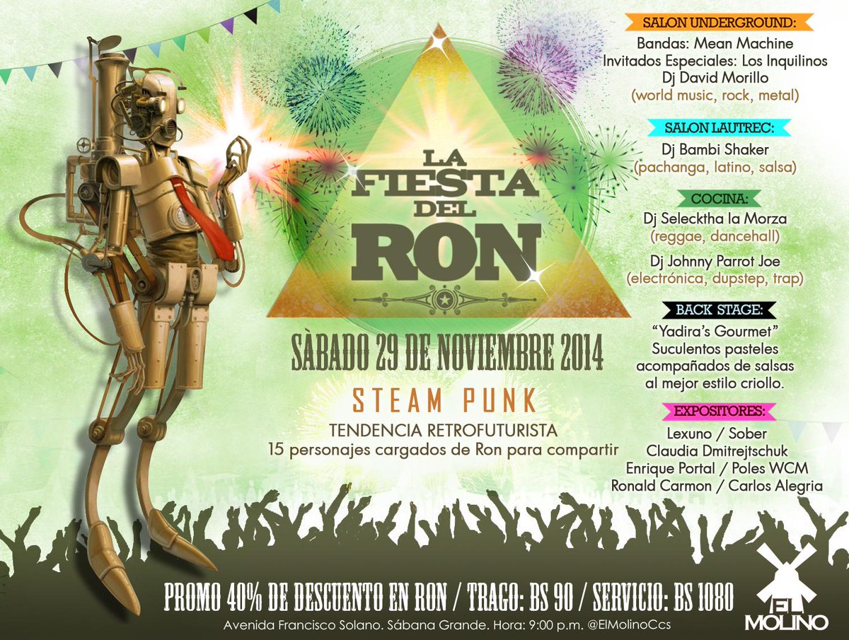 #29Nov <a href="/ElMolinoCcs/">El Molino Ccs</a> presenta: #LaFiestaDelRon @Los_Inquilinos @mrockmachine <a href="/DjBambiShaker/">Bambi Shaker</a> > goo.gl/GWz941