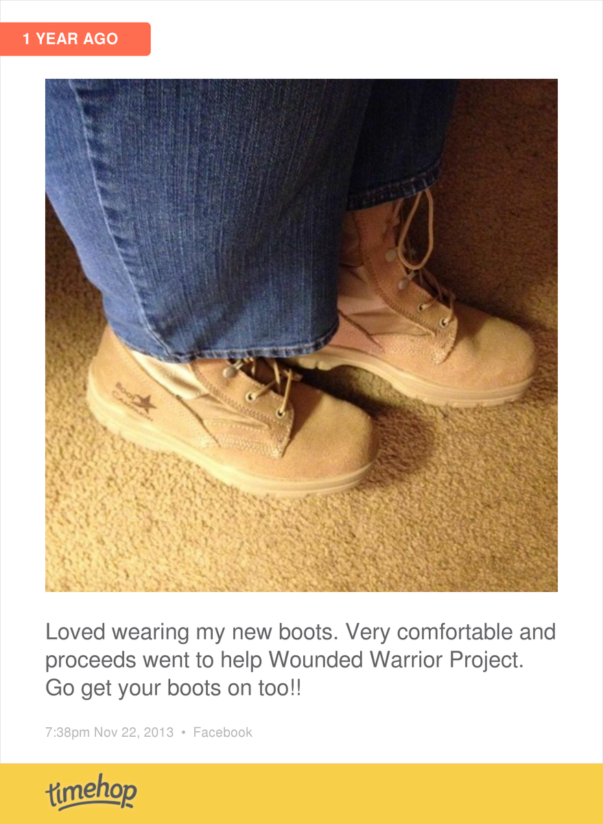 LifeWithChick's tweet image. So it's been one year of wearing my boots! Wearing them again in honor of our troops and vets. Go get your boots ...