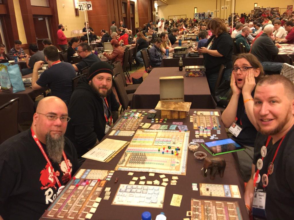 HeavyCardboard's tweet photo. This game hates us! But we love it! #Arkwright #Waterframe #Spielworxx @ulible #bggcon http://t.co/fSL2m4DjpV