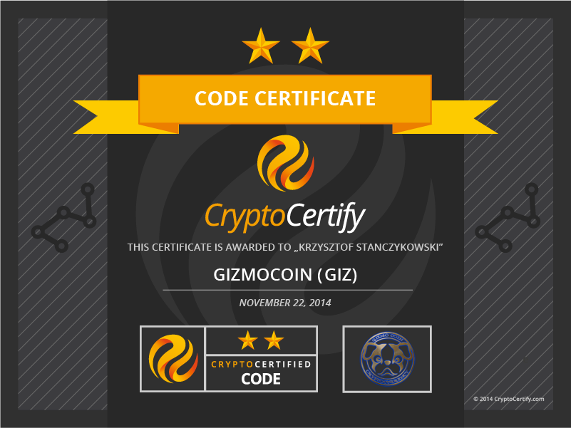 CryptoCertify's tweet image. CryptoCertify „Code Certificate" is awarded to GIZMOCOIN @GizmoCoin cryptocertify.com/portfolio-post…
