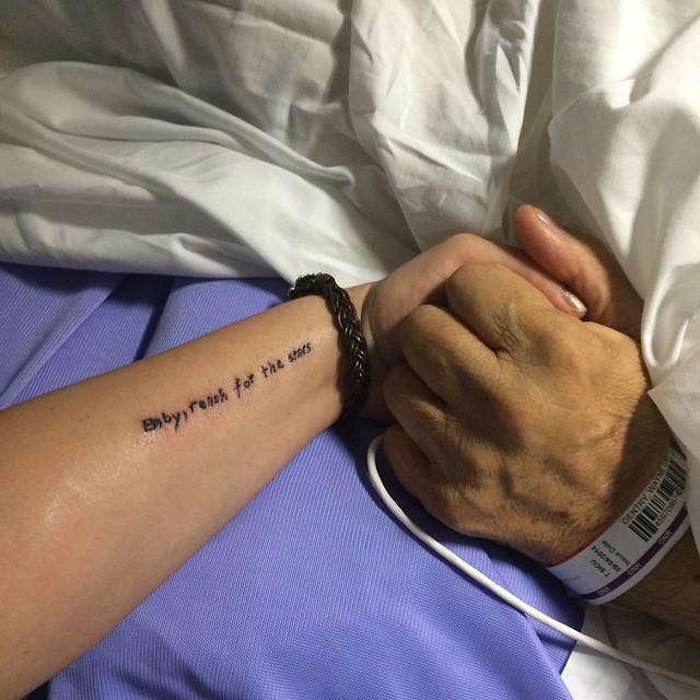 My baby girl showed her Daddy her new tat in his writing,"Baby, reach for the stars". Now he's among stars in Heaven