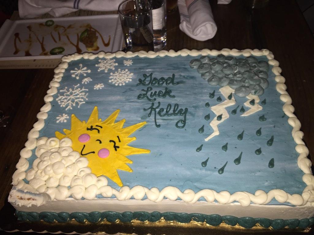 KellyFranson's tweet photo. Weather cake! MT @BrigidaMack: What's a party w/o cake??? @KellyFranson - we will miss you SO much! #SendofftoSeattle http://t.co/B0CHZbgzSi