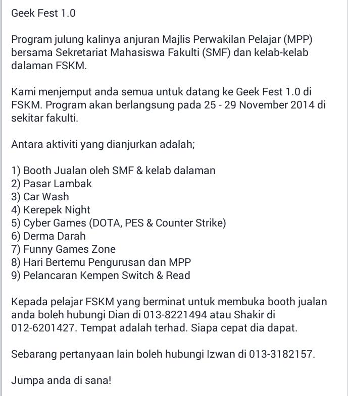 SMKPPIM's tweet photo. Geek Fest 1.0 | 25-29 Nov 2014

Progran anjuran MPP dgn kerjasama kelab dalaman FSKM..

@MPPUiTMSA1314 @gamusofficial http://t.co/Z3IMLQOjyT