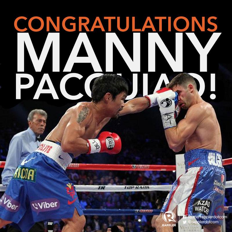 therriestyles's tweet photo. "@rapplerdotcom: BREAKING: @MannyPacquiao wins by unanimous decision! #PacAlgieri http://t.co/4sKrhmuxMt http://t.co/ePx9RLlxeV"