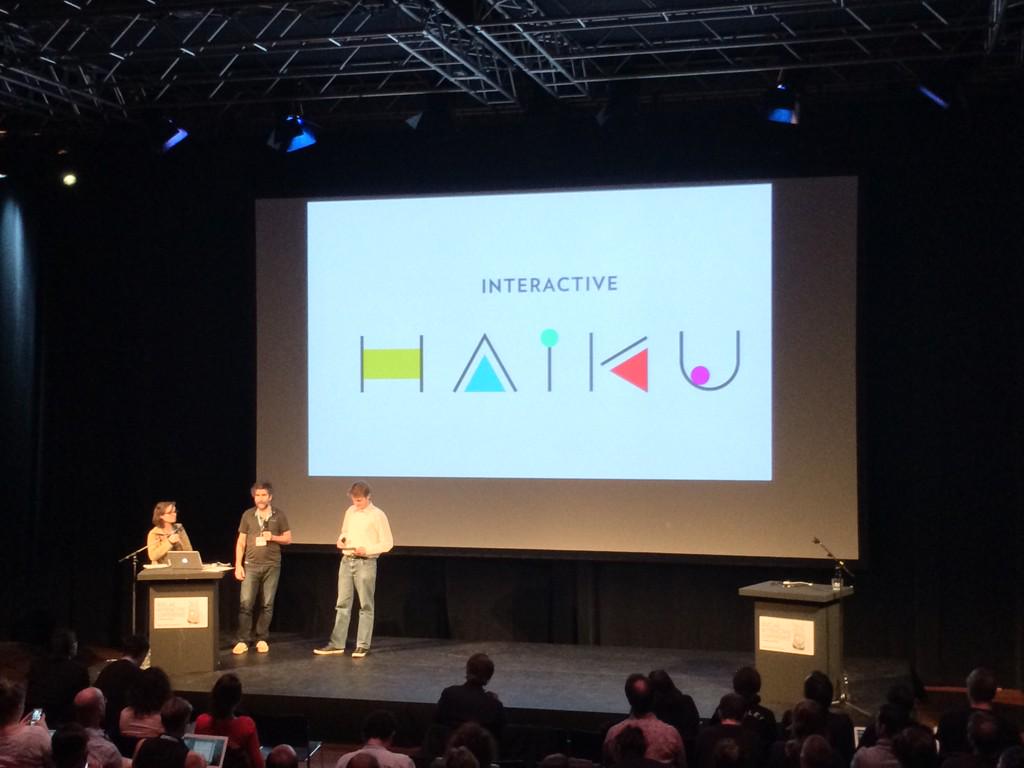 ARTEinteractive's tweet photo. Hey that's us on #DocLab2014 stage! @aknetig + @MarianneLevyL (ARTE) &amp; @hugues_sweeney (@onf) #InteractiveHaikus http://t.co/wJN7lIUnJF