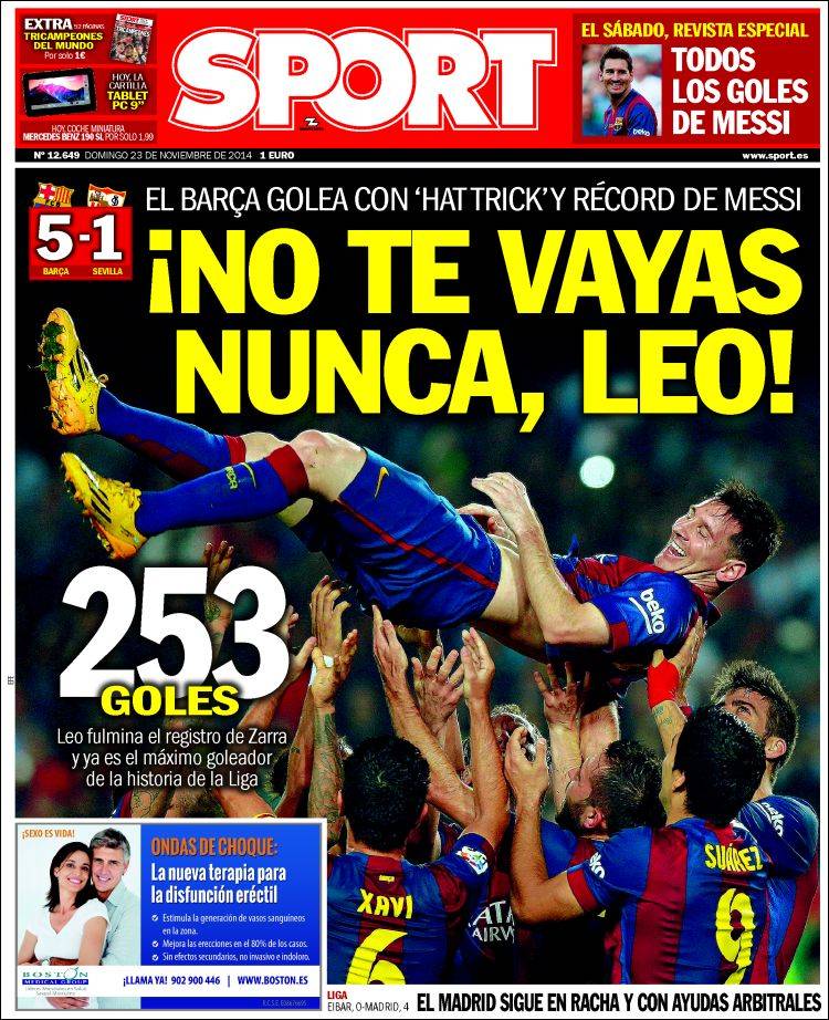 bbva's tweet photo. Los 253 goles de Messi y un @RealMadrid imparables acaparan las portadas de la #prensa http://t.co/rnfHsq4ICh http://t.co/m4yIkGNKos