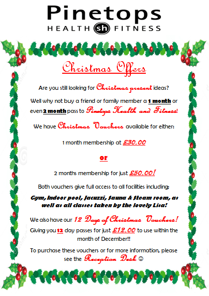 PinetopsGym's tweet photo. **CHRISTMAS OFFERS**
For more information please don't hesitate to call us on 01704 807450 or pop down to reception! http://t.co/nmZiNjThjJ