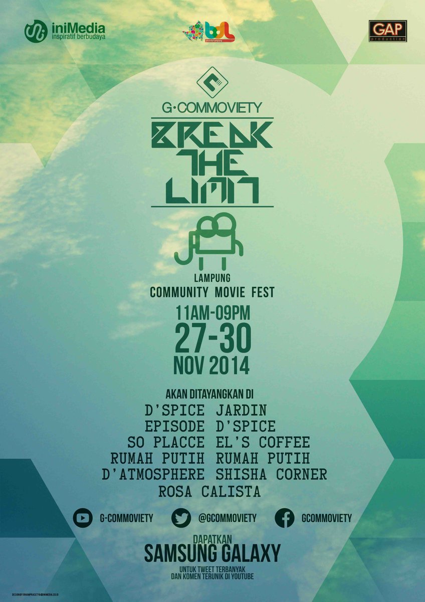 bandarlampung's tweet photo. Komunitasmu punya karya? Yuk Buktikan di Lampung Community Movie Fest 2014 | 27 - 30 November 2014. CP: @GCommoviety http://t.co/R1FoTPElzn