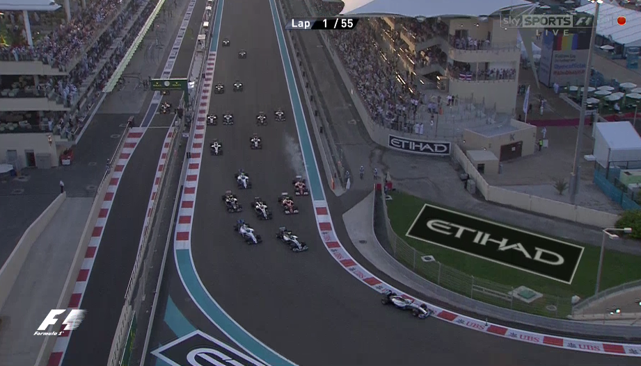 SkySportsF1's tweet photo. What a start from Hamilton! Surges from the line &amp; leads! Hub: http://t.co/WgzhACoQL2 #SkyF1 #AbuDhabiGP http://t.co/00rrw8bbC1