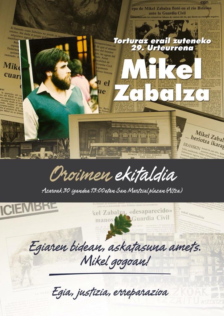 Antifaxismoa's tweet photo. 29 Urteurrena Mikel Zabalza 
Oroimena, duintasuna eta borroka 
@torturarikez @Antifaxismoa 
@EgiariZor @euskalherrian http://t.co/V8Ad8t81pz