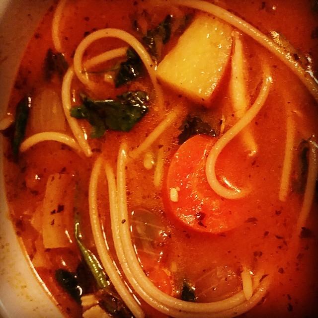 #organic #vegan #soup with #creminimushrooms #quinoapasta #potatoes #carrots #tomato #turmeric #garlic #coconutoi...