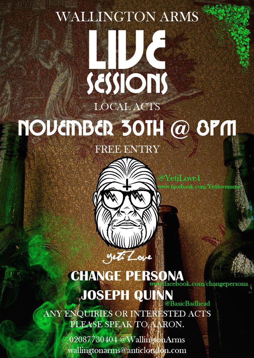 One fourth of The Badheads will be strumming acoustic numbers at <a href="/WallingtonArms/">Ghost of Wallington Arms</a> this Sunday. Go! <a href="/BasicBadhead/">Joseph Quinn</a>