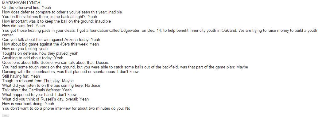 Entirety of Marshawn Lynch's postgame interview in #Seahawks locker room: 50 words to answer 22 questions #savesafine