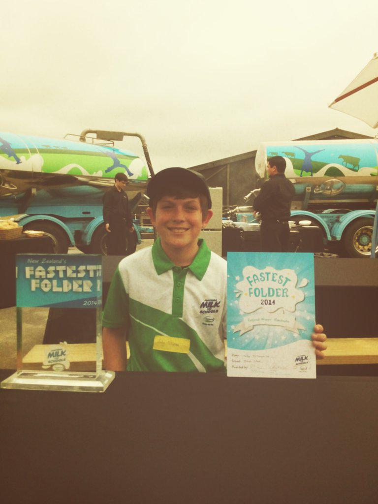 Fonterra's tweet photo. We have a champion! The #fonterramilkforschools #fastestfolder is Bailey McNamara,11, from Manawatu. Congratulations! http://t.co/WM45t277Gx