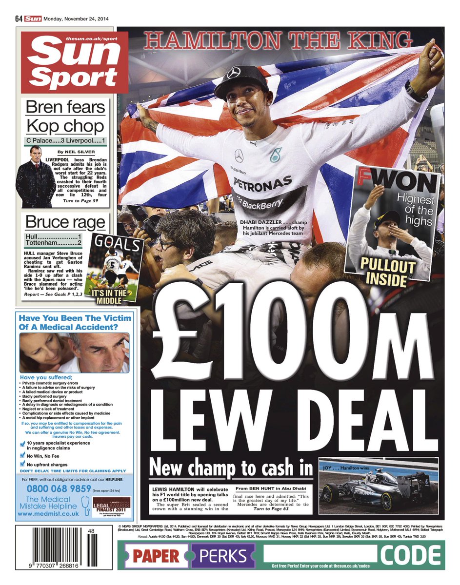 Portada del Sun Sport del 24 de Noviembre de 2014