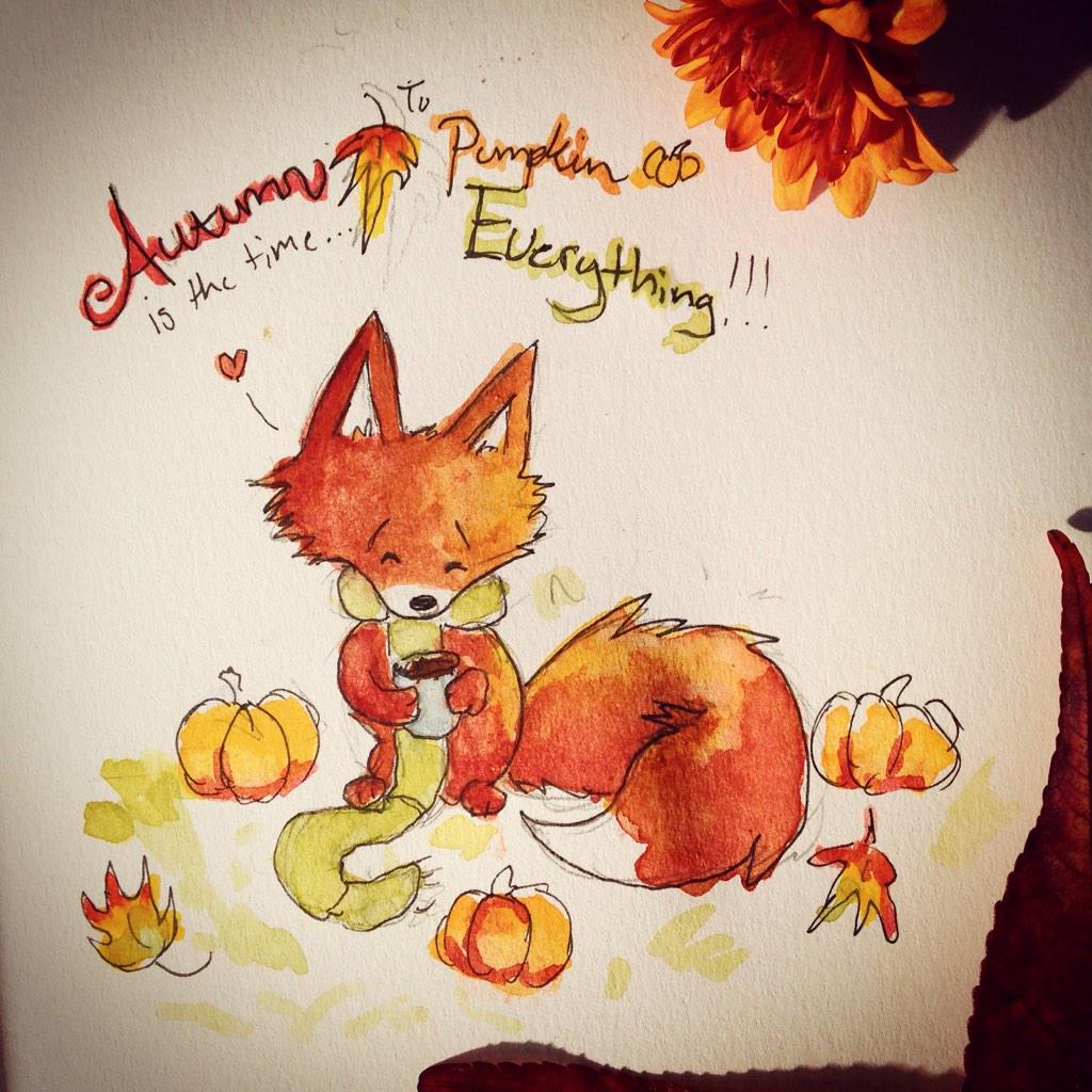 Seawhisped's tweet photo. #Autumn is the time to #Pumpkin Everything! #pumpkinspice #watercolor #art #fox #fall #foliage #scarf #foxart http://t.co/qE5gEC3UWv
