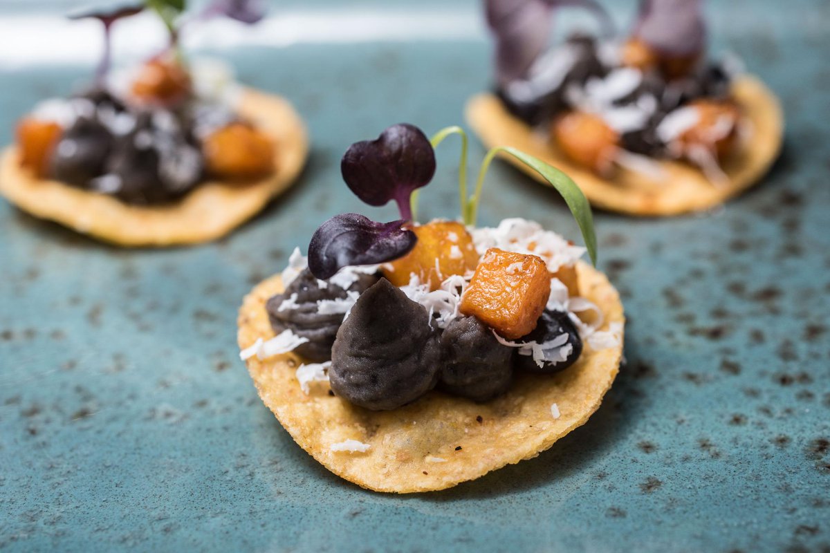 MattRepublica's tweet photo. Spiced pumpkin and black bean tostada w/ avocado &amp; ricotta #canapes @EncoreStKilda http://t.co/xoL3sZsqH6