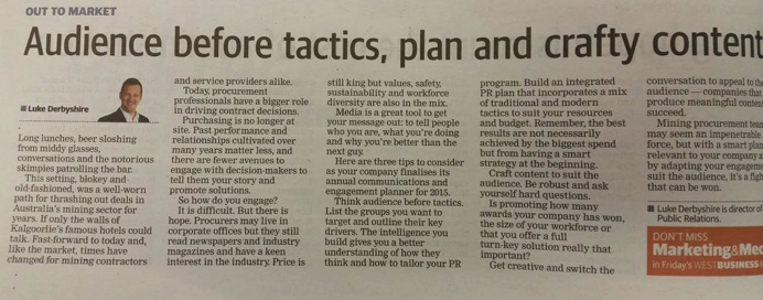 LukesLyricsAFC's tweet photo. Know your audience, plan and then get tactical @thewest_com_au @spoke_PR  #miningPR #nofussPR #Perth http://t.co/5yQvr8ATyw