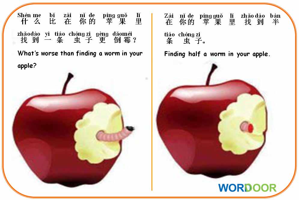 poponapp's tweet photo. Wordoor Chinese - Chinese jokes # What is worse than finding a worm in your apple? http://t.co/r9FS66Hmvz