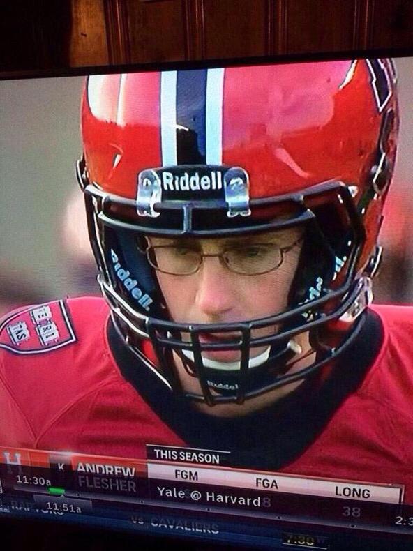 CauseWereGuys's tweet photo. Harvard's kicker is so Harvard it hurts http://t.co/D9MUFtN8Cc