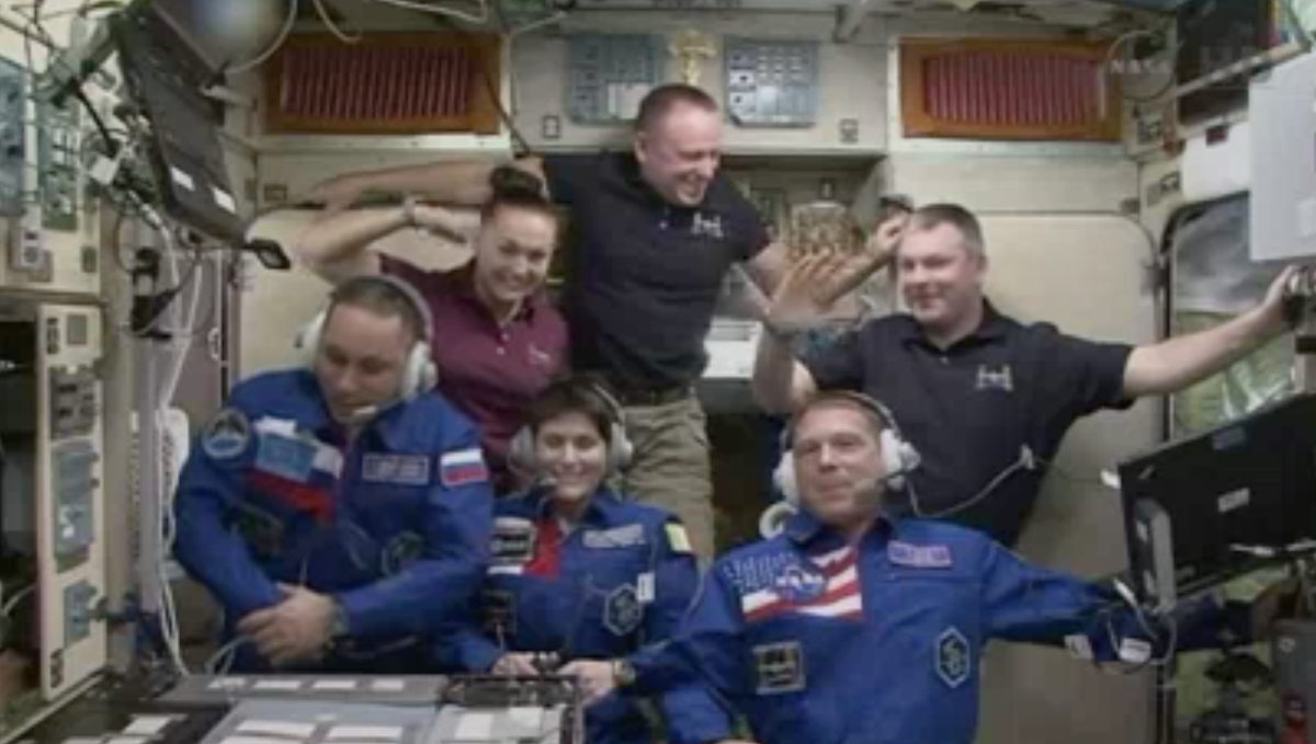 esa's tweet photo. Big smiles all around as #exp42 crew conference begins, welcoming @astrosmanantha @AstroTerry &amp; @AntonAstrey aboard http://t.co/uIbVm63KfD