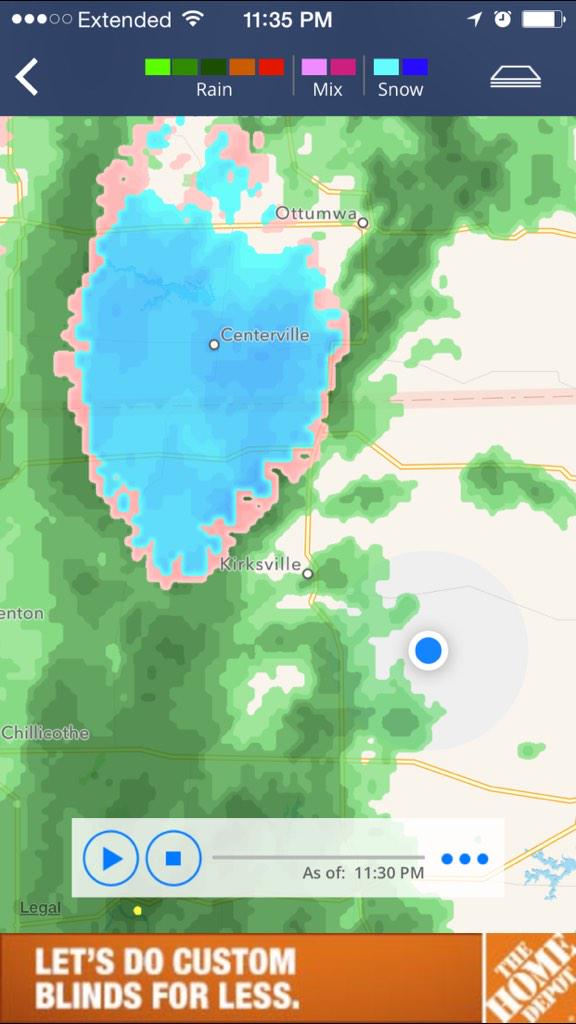 Looks like Kirksville may get a mix of rain,sleet, and some snow overnight. As of 11:37pm.