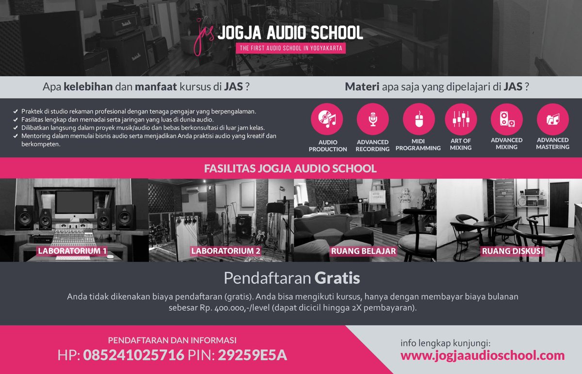 JogjaUpdate's tweet photo. Cari kursus recording, mixing, mastering di Jogja? Daftar di @jogjaaudio. Pendaftaran gratis &amp; buka tiap hari! http://t.co/ayJkb98xTg
