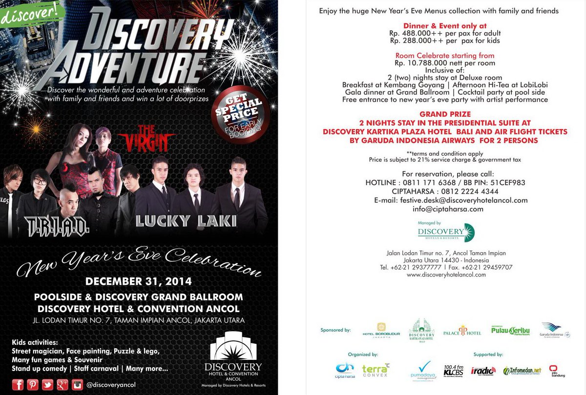 infobandung's tweet photo. DISCOVERY ADVENTURE w/ Triad, Lucky Laki, The VIRGIN-Dec 31'14 @DiscoveryAncol /ph:08111716368-081222244344 http://t.co/Qmjo8wtRjh