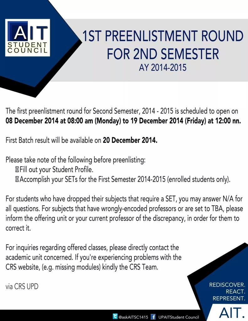 askAITSC1415's tweet photo. [ 1st Round Of Preenlistment ] 

The 1st round of preenlistment will be open from Dec 8 until Dec 19, 12 nn. http://t.co/ooJ2NwF2z6