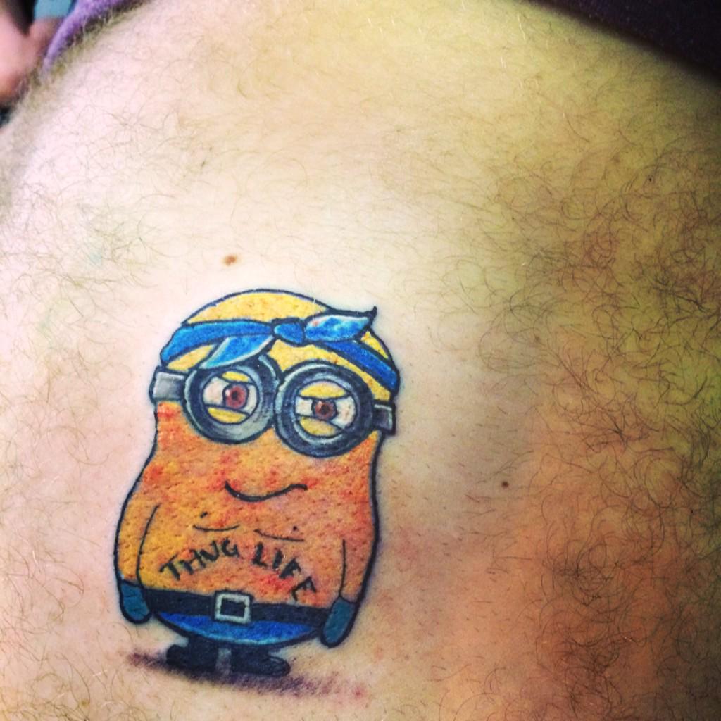 inkaholic01's tweet photo. #thuglife #tupacback2014 #minionsmovie #Minions gotta love a cheeky little minion tattoo! http://t.co/xhFKTzmopa