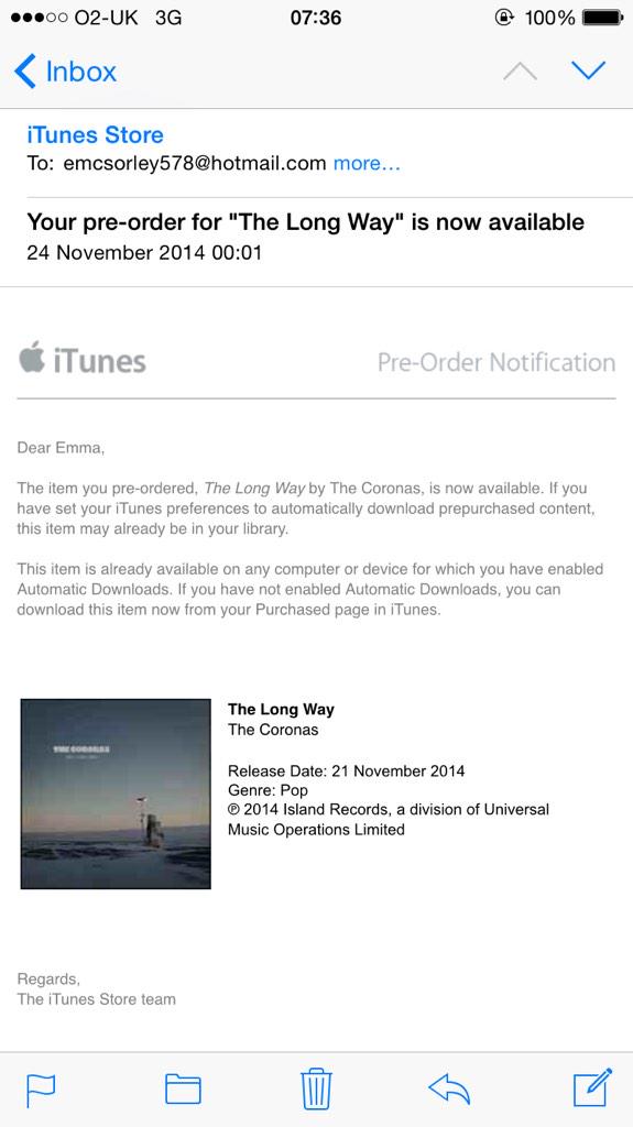 EmmaMcSorls's tweet photo. Far too excited to get this notification this morning!!! Aghhh @TheCoronas #TheLongWay http://t.co/Z6GeFtzZpj