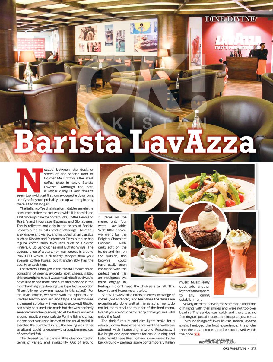 Check out the latest issue of OK magazine for a #Barista #LavazzaKhi review. #PremiumCoffee #Karachi