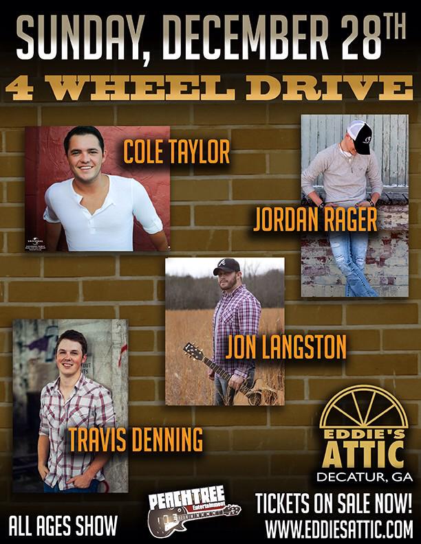 PeachtreeEnt's tweet photo. 4 WHEEL DRIVE returns to @eddiesattic Sun. Dec. 28th! @JonTLangston @coletaylorlive @travis_music @Jordan_Rager http://t.co/cbcD638oNI