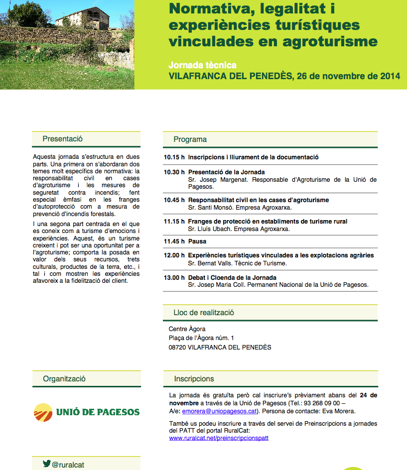 uniopagesos's tweet photo. 26/11 a Vilafranca del P. 10.30h: jornada d'@uniopagesos sobre normativa i experiències vinculades a l'Agroturisme http://t.co/he1YcvSxCR