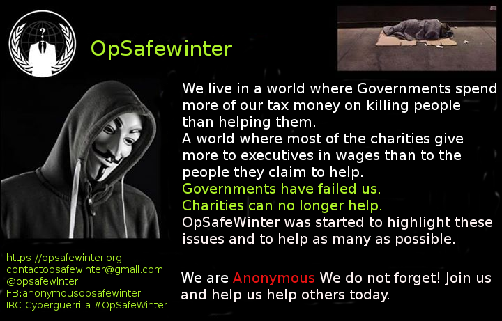 AlProvider's tweet image. Hosting a #OpSafeWinter event in the next few months then let people know why it is needed. #OpSafeWinter #Anonymous