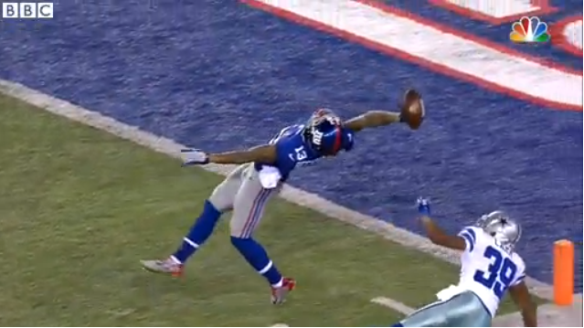 BBCSport's tweet photo. Missed the best catch you are EVER likely to see? Never fear, watch here: http://t.co/oUYKczunfb #NFL #Beckham http://t.co/4XZG6IbduV