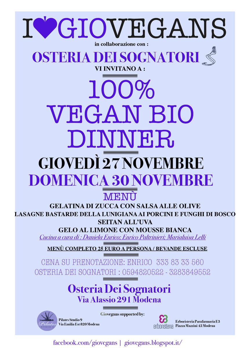 Amici!!!! Altro doppio appuntamento questa settimana con la nostra cena 100% Bio-Vegan!!! Vi aspettiamo!!! A MODENA