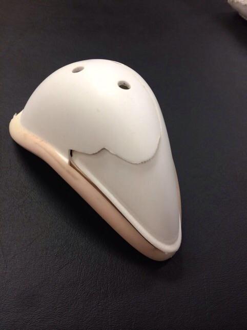 So <a href="/StLouisBlues/">St. Louis Blues</a> goalie got hit in the groin, and look what happened to his cup. Good thing it was there! #ow