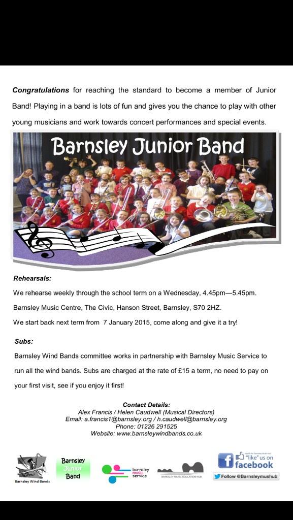 Barnsley Junior Band are recruiting new members. Instrumental pupils will receive this invitation next week