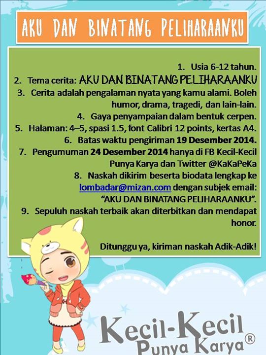 kkpkdarmizan's tweet photo. Pengen sharing pengalaman terus diterbitkan jadi buku? ikutan lomba cerpen “Aku dan Binatang Peliharaanku” aja http://t.co/TlcUUTeNtv