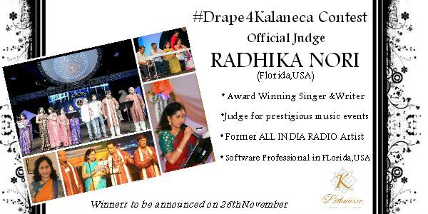 KalanecaIndia's tweet photo. Presenting our official judge for the #Drape4Kalaneca contest- Florida based #RadhikaNori( Singer,Saree lover) http://t.co/7iLoWU3ofc