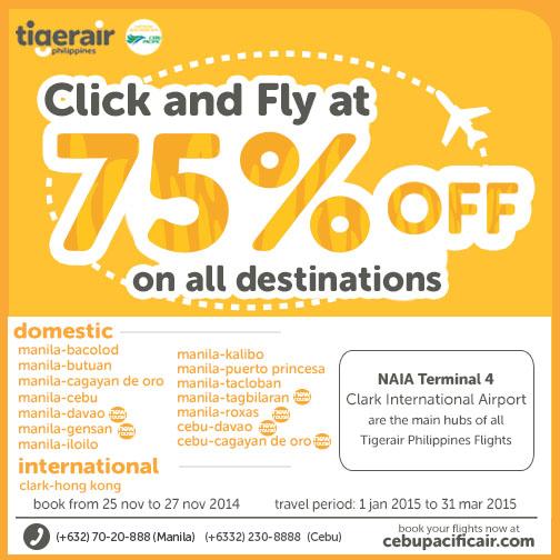 Click and fly at 75% OFF on all destinations! Book this #TigerPHSale now at bit.ly/CEBTigerairph