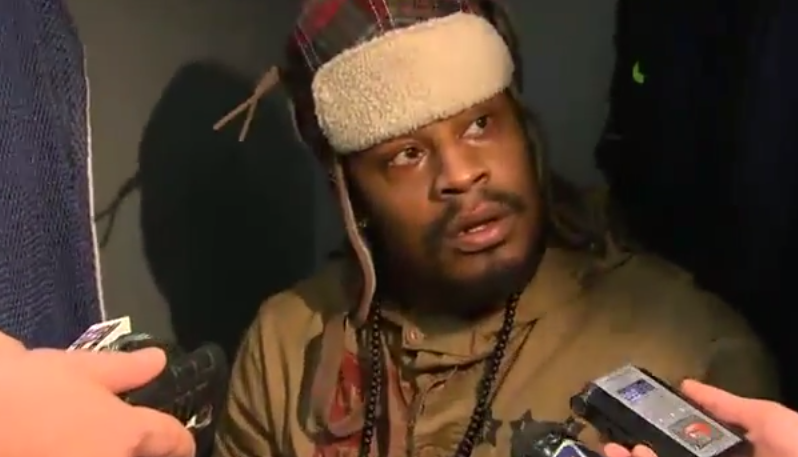 BleacherReport's tweet photo. VIDEO: Marshawn Lynch finally talks to the media, but gives mostly 1-word answers http://t.co/DZVqMtkTAI http://t.co/fT3eM1lnss